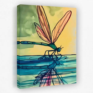 a painting of a dragonfly sitting on top of a body of water