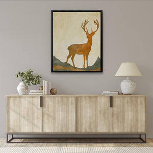 a painting of a deer on a wall above a dresser