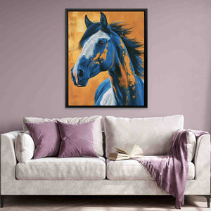 a living room with a couch and a painting of a horse