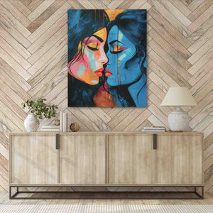 a painting on a wall of a woman and a man kissing