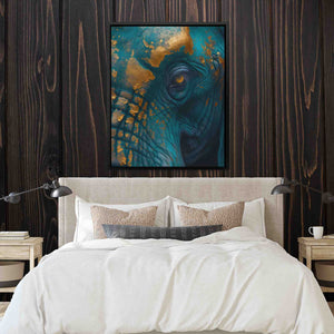 a bed with a white comforter and a painting on the wall