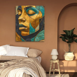 a bedroom with a bed and a painting on the wall