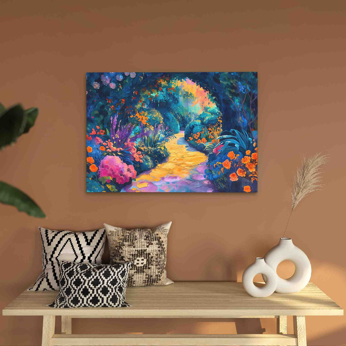 a painting hanging on a wall above a table