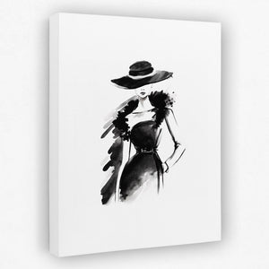 a black and white painting of a woman wearing a hat