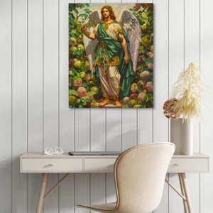 a painting of an angel standing in a forest