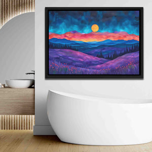 a bathroom with a tub and a painting on the wall