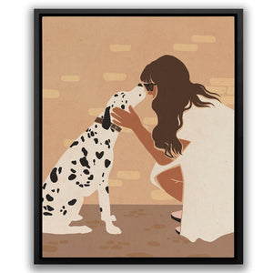 a woman kneeling down next to a dalmatian dog