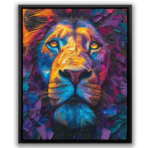 a painting of a lion with yellow eyes