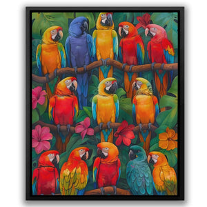 a painting of a group of parrots sitting on a tree branch