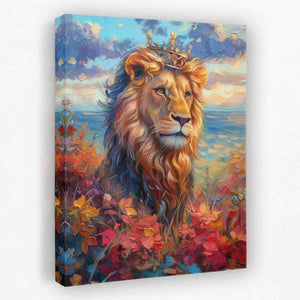 a painting of a lion with a crown on its head