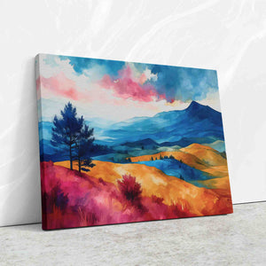 a painting of a mountain landscape with trees