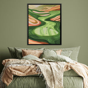 a bed with a green comforter and a painting on the wall