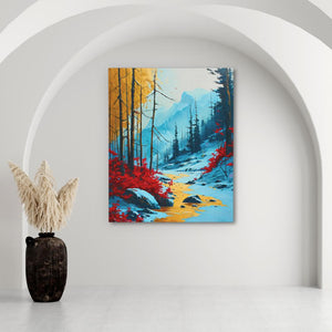a painting hanging on a wall next to a vase