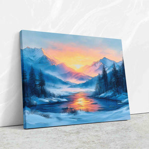 a painting of a snowy mountain lake at sunset