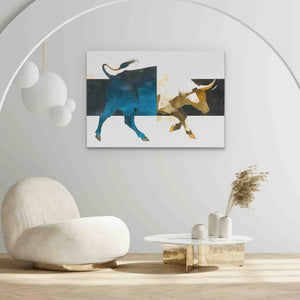 a modern living room with a cow painting on the wall