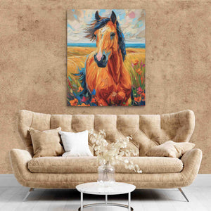 a painting of a horse in a living room
