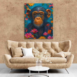 a living room with a couch and a painting of a monkey