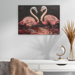 a painting of two pink flamingos on a black background