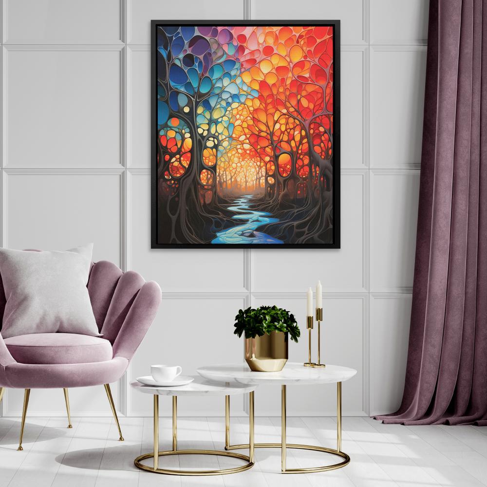 a living room with a painting on the wall