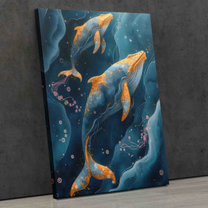 a painting of two dolphins swimming in the ocean