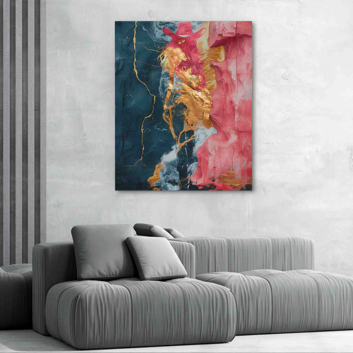 a living room with a couch and a painting on the wall