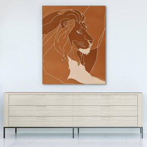 a picture of a lion on a wall above a dresser