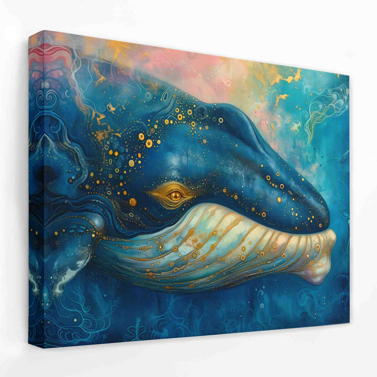 a painting of a blue whale with gold accents