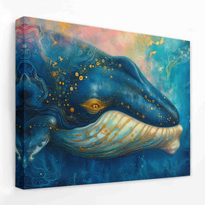 a painting of a blue whale with gold accents