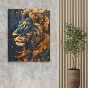 a painting of a lion on a wall next to a potted plant