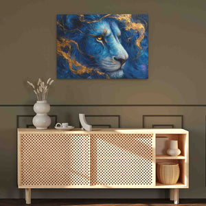 a painting of a blue lion on a wall