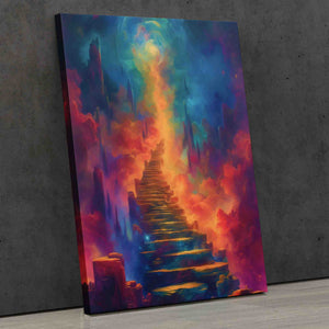 a painting of a stairway leading up into the sky