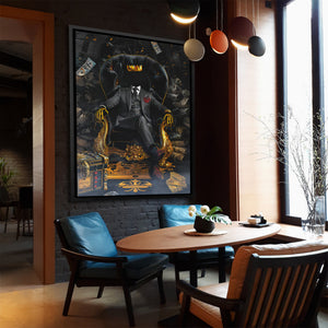 a dining room with a large painting on the wall