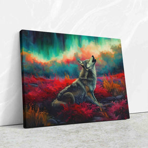 a painting of a wolf sitting in a field