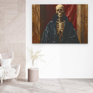 a painting of a skeleton sitting in a room