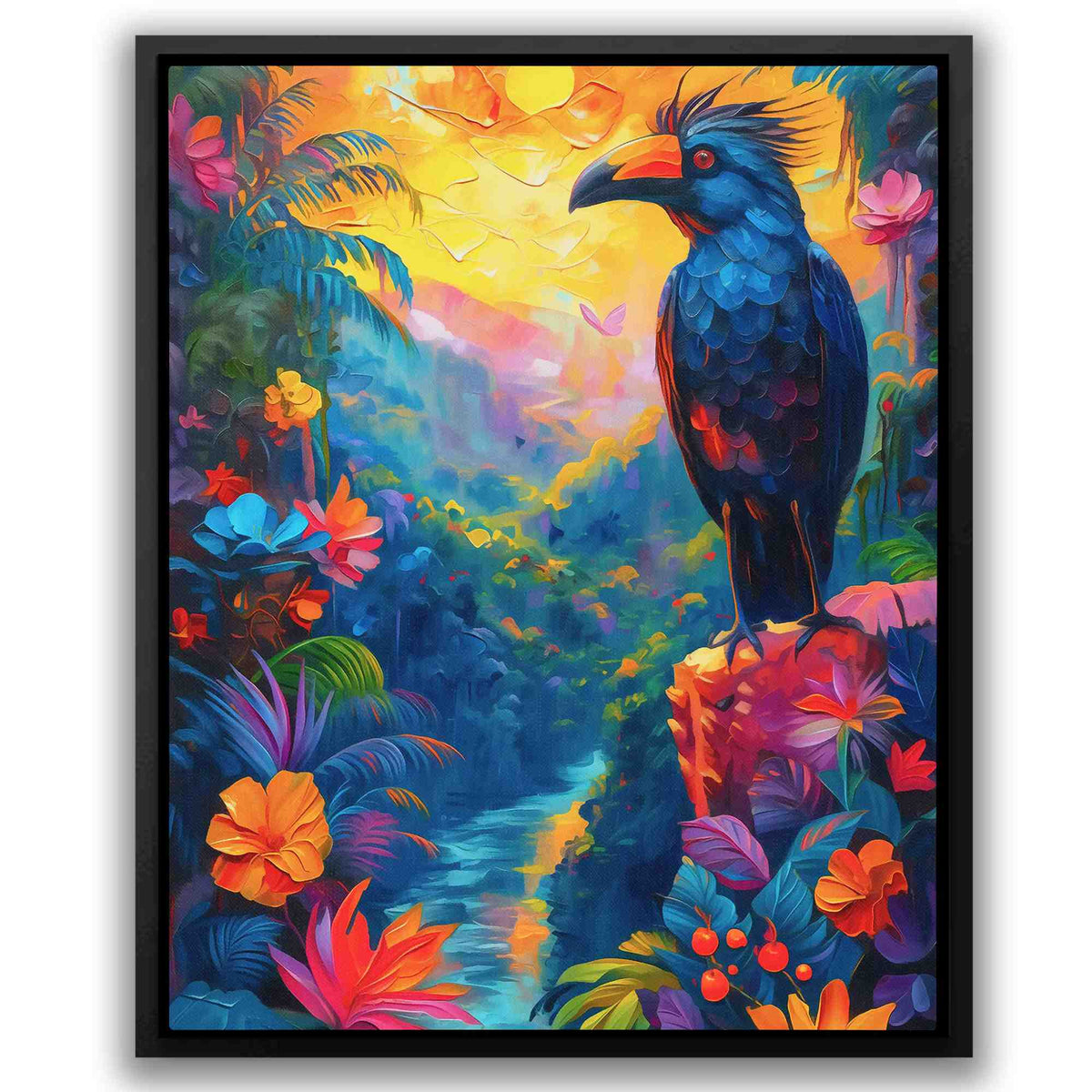 a painting of a bird sitting on top of a tree