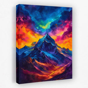 a painting of a mountain with colorful clouds