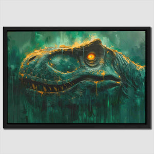 a painting of a dinosaur with a glowing eye