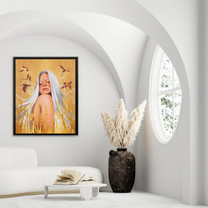 a painting of a woman with white hair in a living room