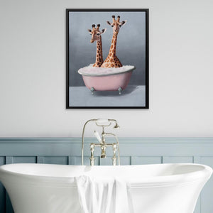 two giraffes are standing in a bathtub