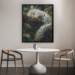 a painting of a leopard eating berries on a tree