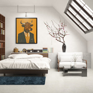 a bedroom with a bed and a painting on the wall