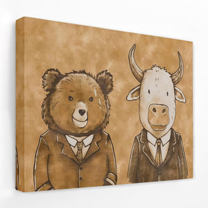 a painting of a bull and a bear dressed up