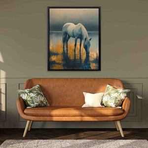 a painting of a white horse drinking water in a living room