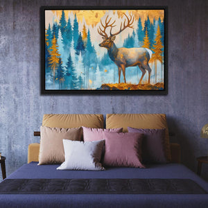 a painting of a deer on a wall above a bed