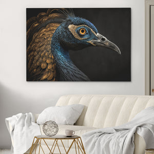 a painting of a peacock on a wall above a couch