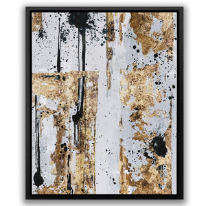 an abstract painting with gold and black paint