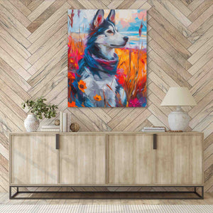 a painting of a husky dog on a wall