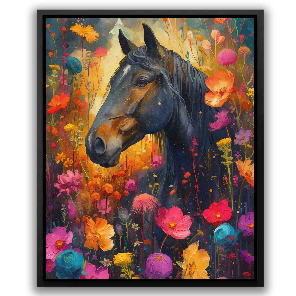 a painting of a horse in a field of flowers