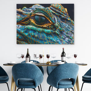 a painting of a dragon's eye on a wall above a dining room table