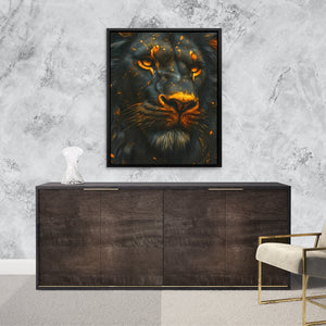 a picture of a lion on a wall above a dresser